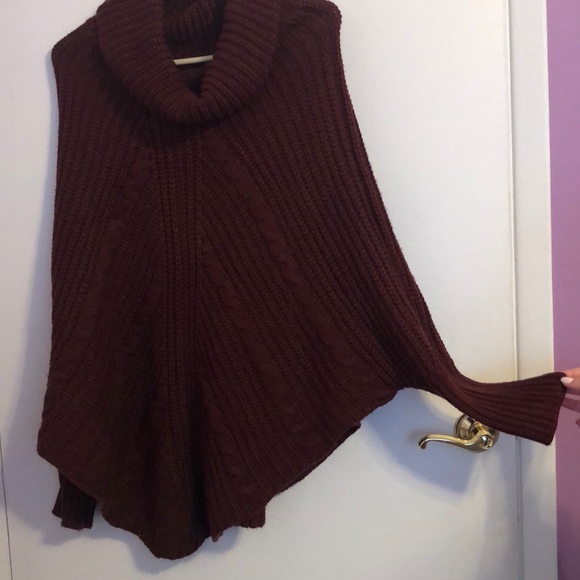 Burgundy cowl neck poncho sweater - Picture 2 of 3